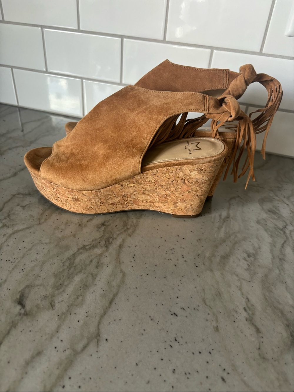 Marc Jacobs Tan Suede Cork Wedge Sandals with Fringe Tie